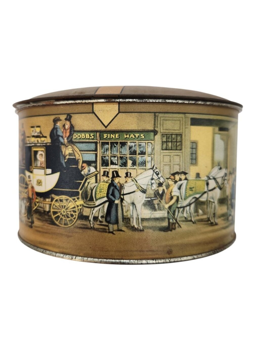 Vintage Dobbs Fifth Avenue Hats New York Advertising Tin Hat Box Coach Scene